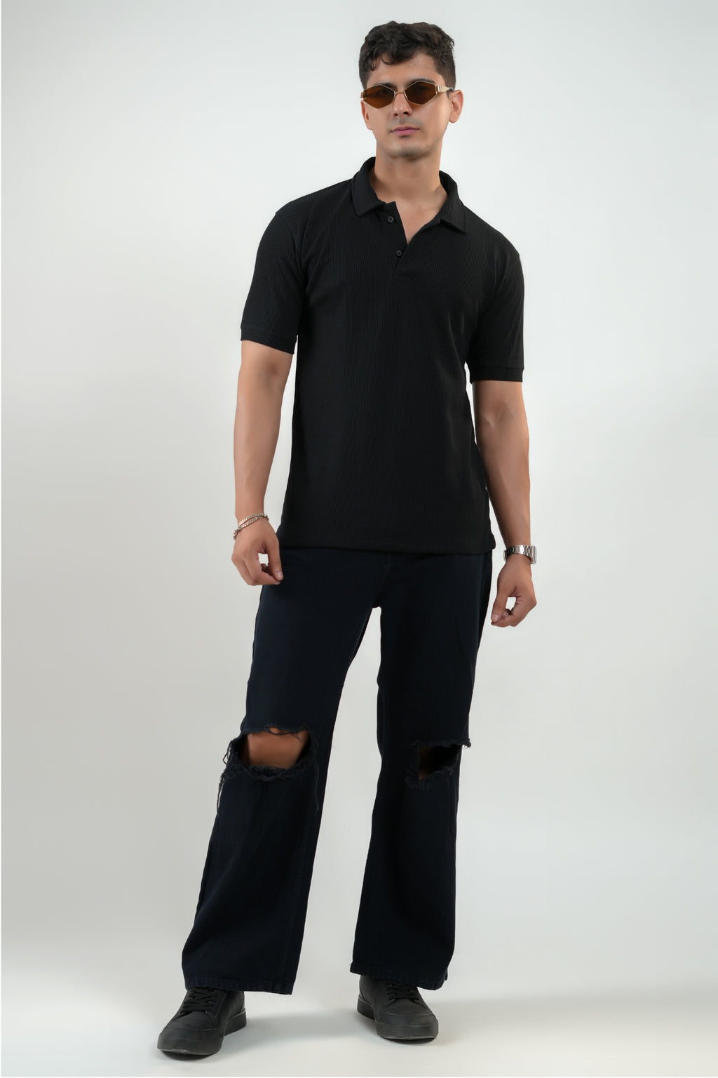 CLASSIC BLACK WAFFLE UNISEX POLO TEE