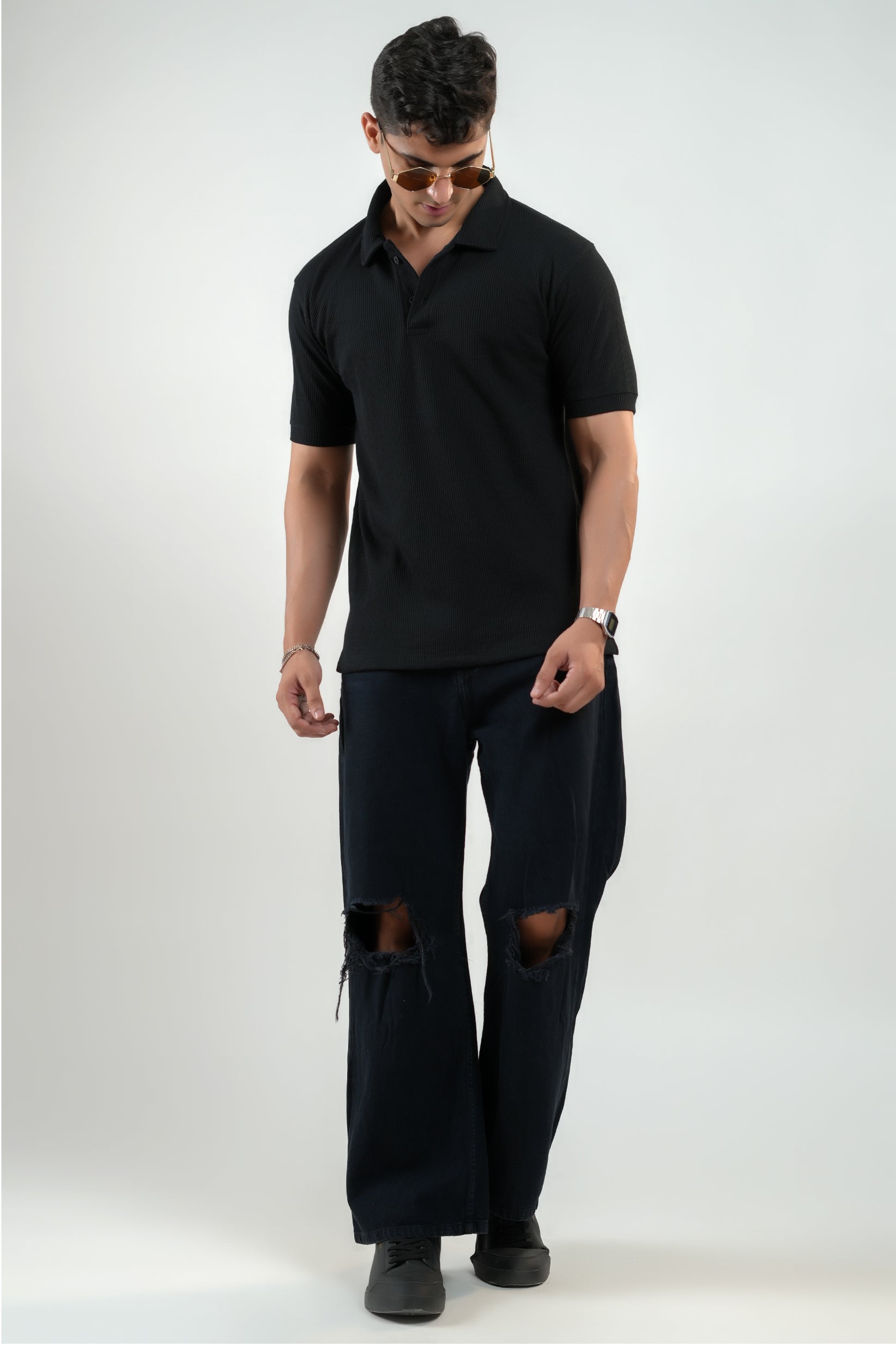 CLASSIC BLACK WAFFLE UNISEX POLO TEE